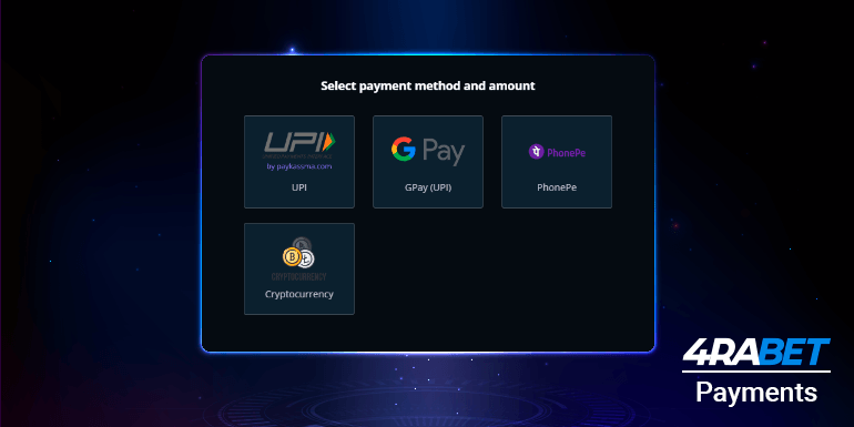 All kinds of popular payment systems are available in the game app 4rabet