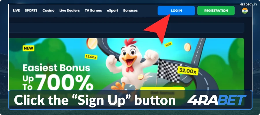 Find the blue "Sign Up" button at 4rabet main page