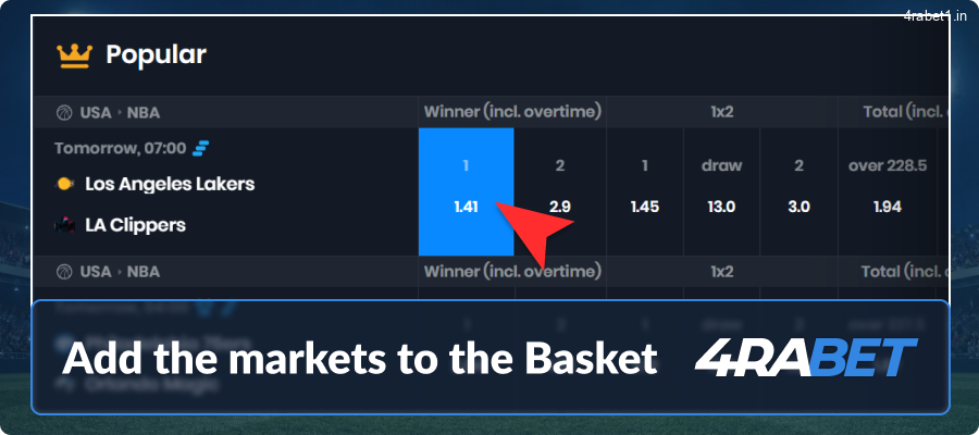 Add the markets to the 4rabet Basket