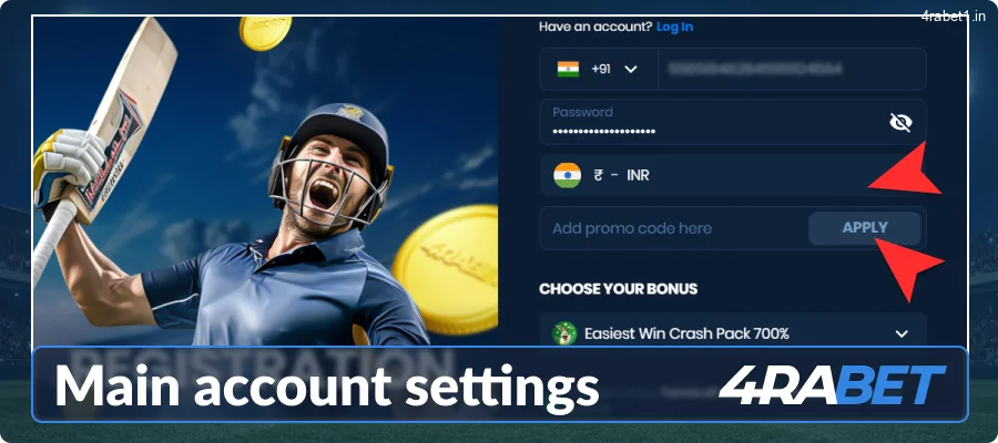 Enter your currency and promo code at 4rabet India