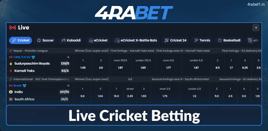 Real-time cricket betting at 4rabet India